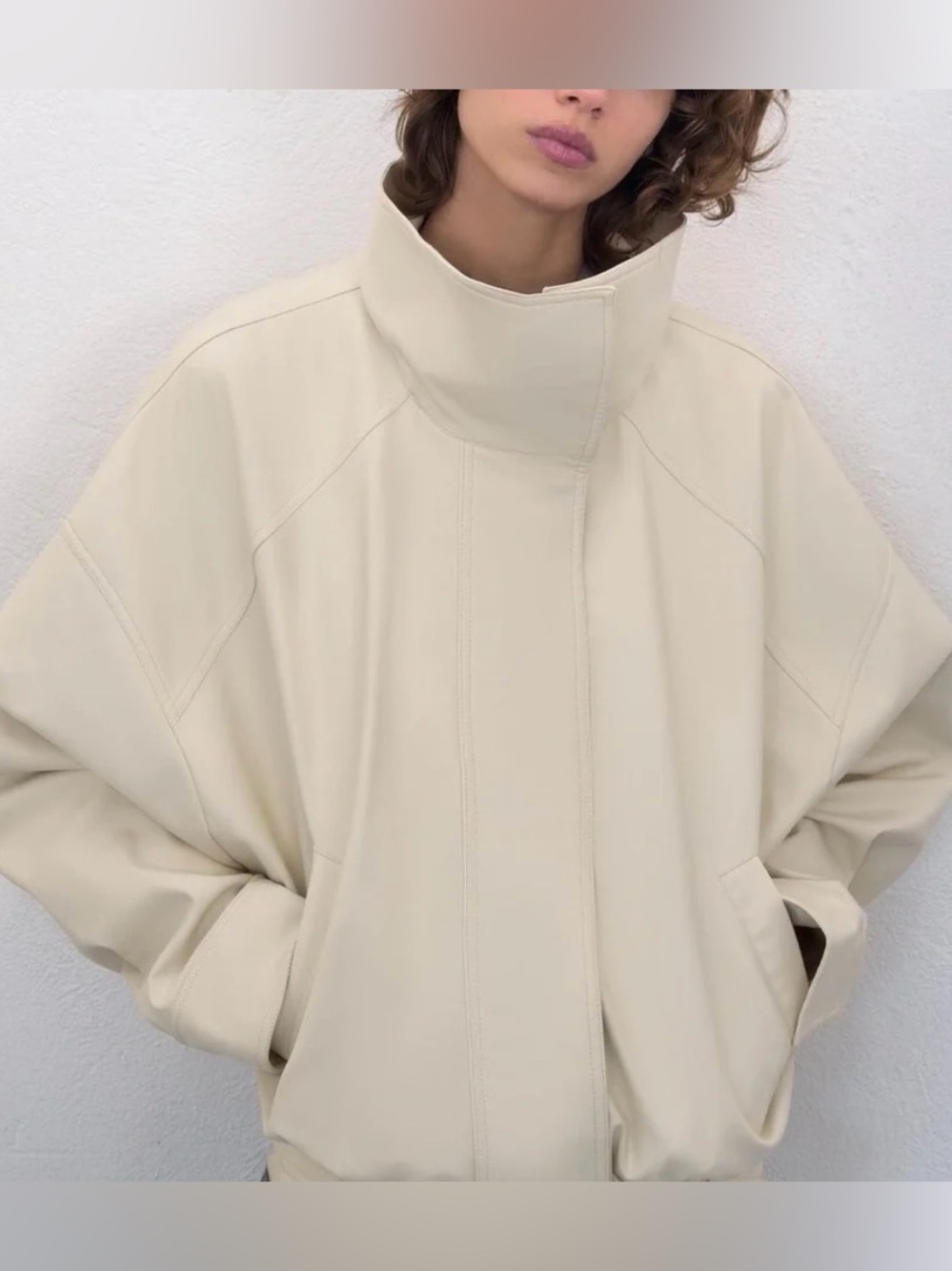 Zara Cream faux leather bomber jacket